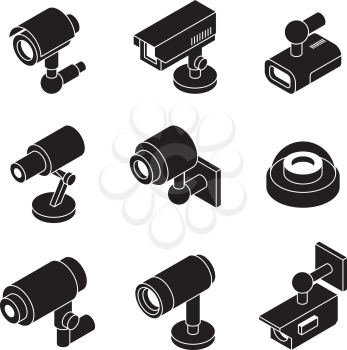 Cctv isometric. Security cameras collection business safe systems multimedia surveillance internet equipment vector symbols. Cctv security, surveillance device, electronic monitoring illustration