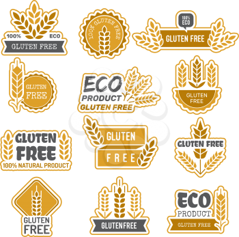 Gluten free badges. Eco bio farm fresh natural product sticky labels for packages no gluten in food vector symbols. Vegetarian emblem health, organic free gluten illustration