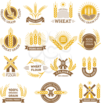 Wheat grain logo. Flour farm food for breakfast shop harvesting wheat traditional products vector badges set. Organic harvest natural, seed farming and grain illustration