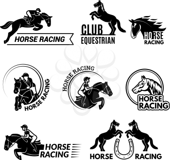 Horse racing badges. Equestrian sport logo or emblem with racehorse in different poses polo club vector templates. Equestrian sport horse, emblem animal, badge with stallion illustration