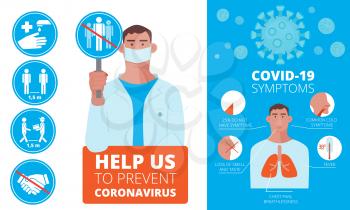 Ncov infographic. Symptoms and prevention medical warnings allergy ncov vector illustrations. Medical warning, prevention virus corona, illness respiratory prevent