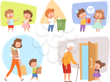 Good manners. Perfect behaving kids obedient peoples offers childrens talking with elder person vector characters. Illustration polite manners and etiquette, courteous respect