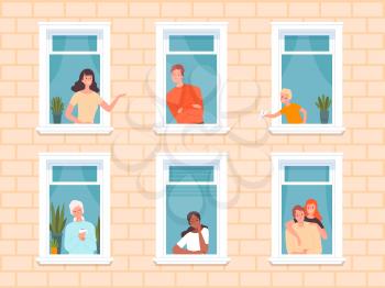 Window people. Happy neighbourhoods characters looking from windows frame in big house standing near walls and curtains. Vector persons happy in apartment, people neighborhood illustration