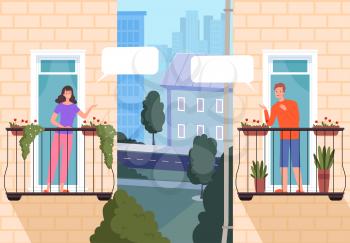 Neighbourhood houses. Friends looking out of windows and speaking urban modern building with balcony and outdoor windows with curtains. Vector landscape balcony and window neighborhood illustration