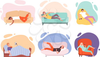 Lazy characters. Laying people on couch or sofa watching tv sleeping eating in bed relaxing persons vector illustrations. Lazy person on couch, sofa relax cartoon
