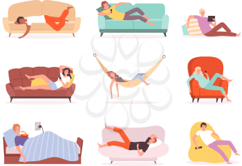 Laying people. Characters relaxing and watching tv on sofa lying lifestyle comfortable sleeping or sitting in armchair vector persons. Couch and sofa, character person lazy lifestyle illustration