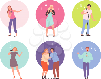 Singing characters. Adult people in karaoke club singing solo popular music vector persons isolated. Vocalist musician, solo festival entertainment illustration