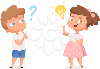Kids good idea. Thinking people with question marks and happy mind lamp vector characters. Illustration person with idea, character education and study