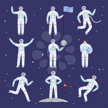 Astronauts characters. Spaceman people in action poses overall professional clothes suit vector cosmonaut. Suit costume, spaceman character in helmet illustration