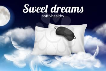 Night dreams poster. Relax concept placard with soft comfortable pillow and sleeping mask on clouds vector realistic template. Comfortable pillow for sleep, bedtime relax illustration