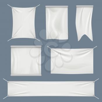 Fabric banners. White textile flag clothes cotton vector realistic empty banners collection isolated. Empty realistic canvas waving rectangle to advertisement illustration