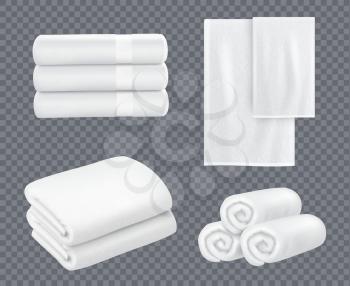 White towel. Hotel bathroom hygiene textile stacked beautiful fresh towels for washing room vector realistic sets. Towel bathroom for hotel or beach illustration
