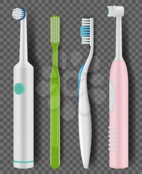 Toothbrushes realistic. Daily morning hygiene mouth cleaning tooth items promo closeup brush vector illustrations. Toothbrush realistic, rotation bristle cleaning