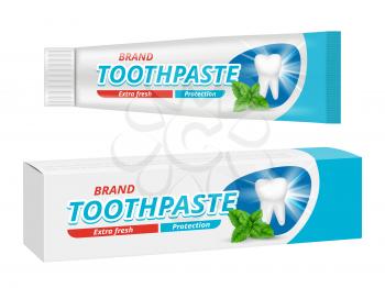 Toothpaste package. Teeth dental protection box label vector design template. Illustration toothpaste tube design, product care tooth