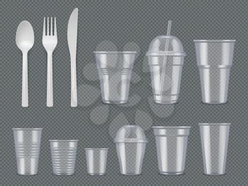 Disposable utensils. Plastic tableware knives forks spoons glasses cups vector realistic template. Tableware spoon and fork, cup and utensil illustration