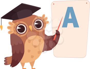 Learning letters. Owl at poster with letter A, isolated night bird character. Training and education vector illustration. Teacher education at school, owl bird teaching