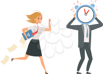 Managers characters. Office staff and deadline late for work. Girl wear uniform and papers vector illustration. Deadline late management, business employee and staff work rush
