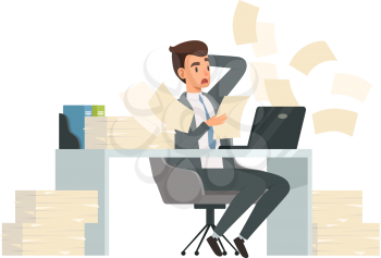 Man received letter. Torn deadlines, businessman reading documents and surprised. Guy works at computer in office vector illustration. Businessman overworked, employee worker frustrated