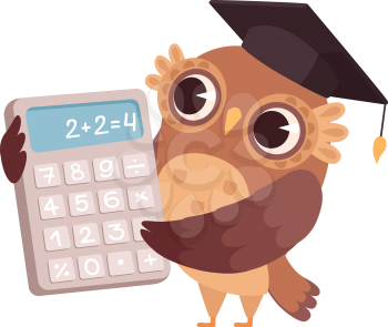 Mathematic teacher. Owl with calculator, bird professor. Isolated cartoon character at school or university vector illustration. Education mathematics, owl learning at school