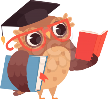 Self education. Owl reading books, isolated smart character. Cartoon bird with glasses studying vector illustration. Owl get education, learning and reading
