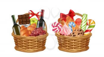 Christmas gift baskets. Realistic food packaging, grocery store festive promo presents vector illustration. Basket christmas with gift and wine bottle, gingerbread and candy