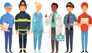 Essential workers. Isolated frontliners group, people working on virus pandemic. Doctor policeman fireman postman delivery boy vector set. People illustration in uniform, healthcare employment safety
