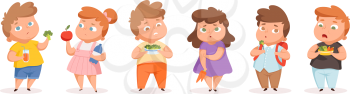 Fatty children on diet. Overweight kids eating vegetables and fruits. Isolated unhappy teens vector illustration. Eating vegetable and fruit