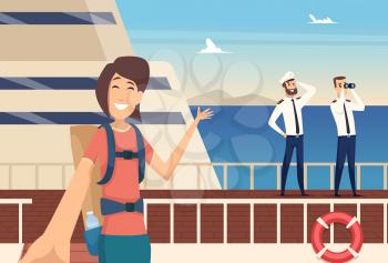 Girl blogger on sea cruise. Selfie on background of captain of ship, water voyage vector illustration. Woman travel ship blogger, sea cruise vacation