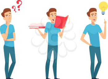 Man find answers. Self education or finding solution concept. Young boy with questions and books has new idea vector illustration. Answer and solution problem, graphic mark question, person confusion
