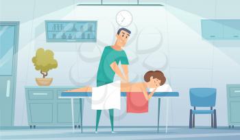 Massage room. Nurse works with patient. Medical rehabilitation of athletes, muscle warming. Girl on couch in doctor office vector illustration. Massage treatment room, patient and therapist