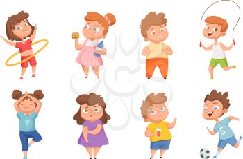 Overweight vs sporty children. Confused fat kids, happy thin boys girls. Healthy and unhealthy lifestyle vector characters. Overweight body and fitness sporty character illustration
