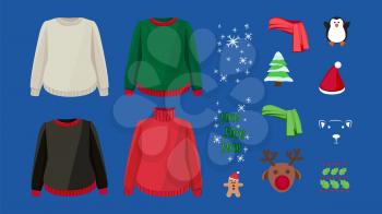 Ugly sweater design kit. Warm cardigans and winter Christmas decorations. Holidays clothes vector set. Illustration winter sweater, christmas holiday, pullover and jumper