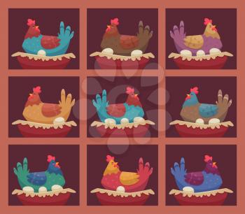 Laying hens. Chicken farm breeding hens birds sitting on shelves and making fresh eggs in farmhouse vector characters. Chicken farm agriculture, laying poultry on eggs illlustration