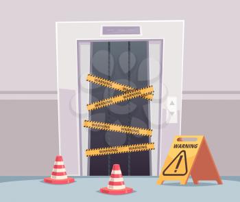 Elevator repair. Business office with closed damaged elevator doors under construction vector building interior. Lift repair, broken and closed, notice damaged illustration