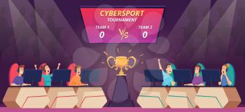 Cybersport competition. Viewers watching video game match on big screen tv cybersport arena vector cartoon background. Cyber competition, esport and cybersport competitive illustration