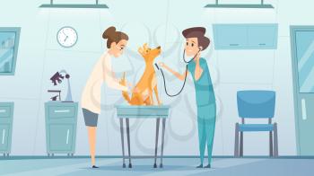 Veterinarian clinic. Doctor in cabinet examining pets dog treatment health vector therapy center vet clinic cartoon background. Veterinarian hospital and check up dog in cabinet illustration