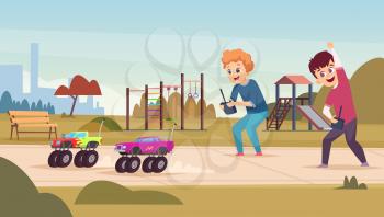 Radio toys. Happy excited kids playing with smart radio controlled cars vector cartoon characters. Play radio car toy, illustration childhood game