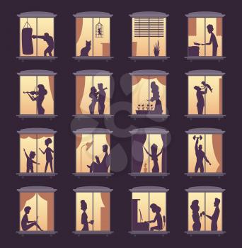 People window silhouettes. Lighting in night house tower apartment buildings vector person silhouettes. Neighborhood window, night time apartment illustration