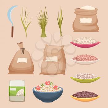 Rice grained. Storage sacks rice products grained agricultural food vector illustrations in cartoon style. Rice product, food storage grain in bag burlap