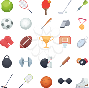 Fitness equipment. Sport balls racket recreation gym tools for exercises vector illustrations. Basketball and football ball, glove for training