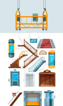Elevator. Building stairs apartment lifting mechanism vector collection of elevators. Lift down and up, interior staircase illustration, motion transportation way