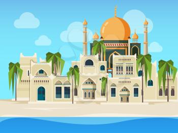 Arabic landscape. Cultural muslim buildings desert background with arabic architectural objects vector illustration in flat style. Building muslim architecture, arabic culture traditional