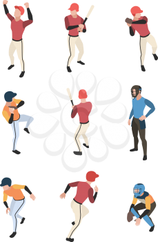 Baseball isometric. Sport game team people in action poses running standing baseball pitcher vector illustration. Baseball sport, game player