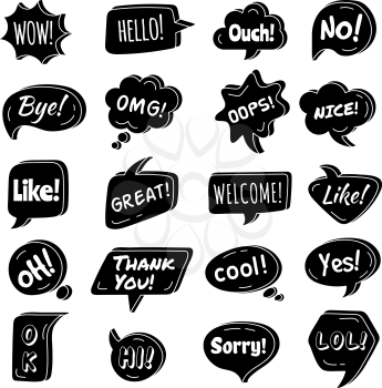 Talking phrase. Speech bubbles circle shapes with dialogue simple phrase vector text areas collection. Illustration bubble talk message, text speech balloon