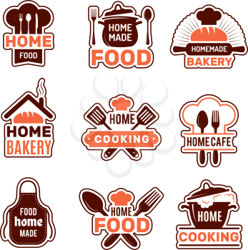 Home cooking logo. Kitchen badges vector collection bakery silhouettes vector illustrations. Kitchen home made, apron for cooking homemade