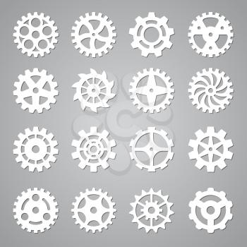 Gears icons. Cogwheel circle mechanism wheel symbols future abstract technology concept vector elements collection. Mechanism wheel gear, engineering circle motion, metal disc illustration