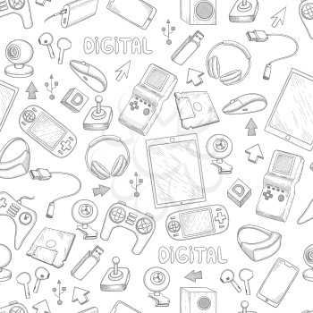 Digital gadgets pattern. Computer devices smartphone pc tablet laptop game controller vector seamless background. Gadget pattern background, multimedia and gamepad illustration