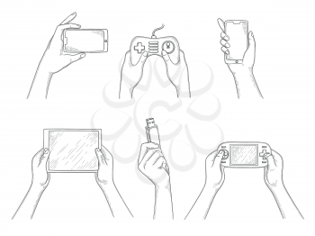 Gadgets in hands. Smart digital mobile devices in human hands holding smartphone laptop tablet pc video cameras vector hand drawn background. Illustration device screen holding in hands