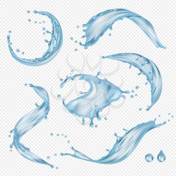 Water flowing. Transparent ocean splashes liquid water vector drops collection. Freshness wet wave, droplet bending, splashing and flowing illustration