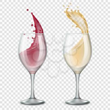 Glass wine. Alcoholic drinks splashes flowing red and white drops vector realistic illustrations. Wine drink, winery alcohol in glass